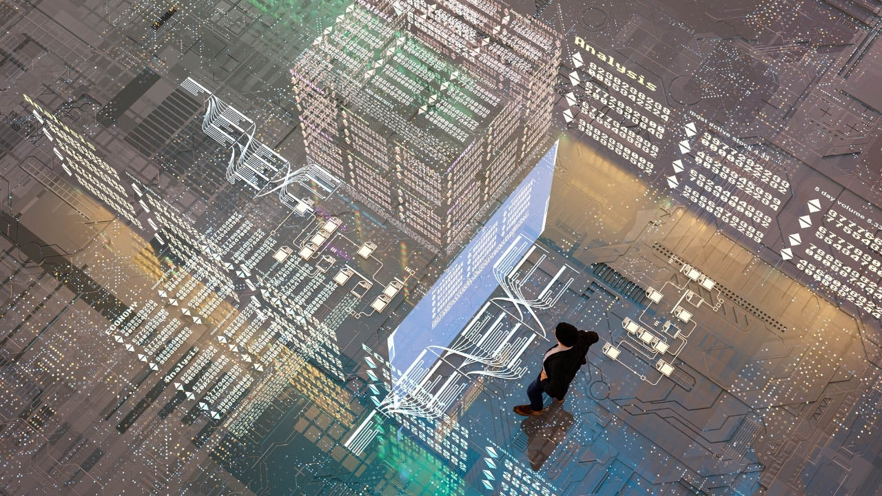 Ein Mann steht auf einem virtuellen Boden mit Zahlencodes, Leitungen und Computern